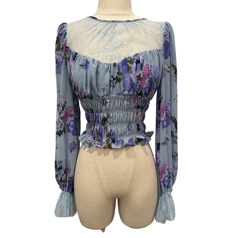 Free People Silver Blue Floral Smocked Lace Crop Top XS Babydoll Fairycore